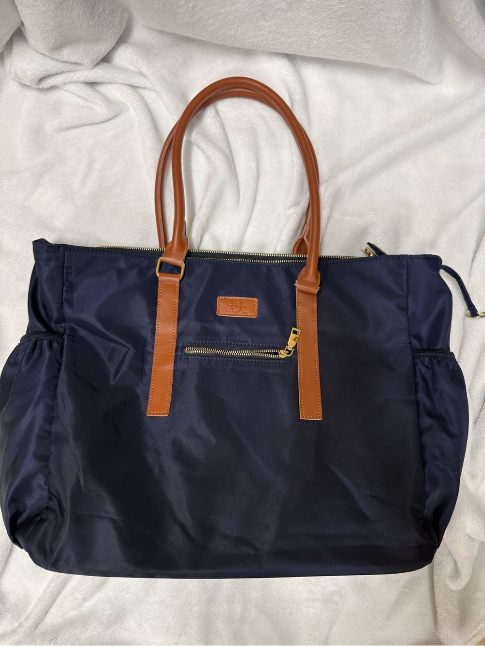 Navy Nylon Tote with Tan Handles